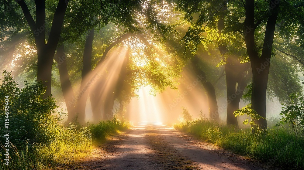 Poster misty forest at dawn with soft light filtering through trees