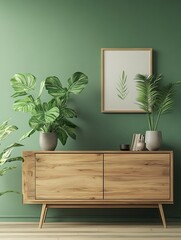 Wooden Cabinet Decorated With Greenery And Artwork