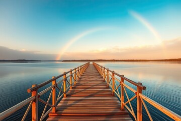 Rainbow Over Lake Pier, landscape, nature, lake, water, rainbow, pier, reflection, sky