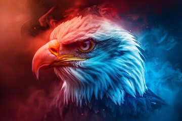 A bald eagle soaring in the sky with its wings spread wide, showcasing its sharp beak, yellow eyes, and detailed feathers against a bright sunlit background, symbolizing strength and freedom