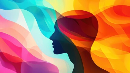 Abstract silhouette of a head surrounded by colorful waves, symbolizing thoughts and emotions.