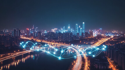 Fototapeta premium Smart digital Innovation city with connection network reciprocity over the cityscape. of future smart wireless city and social media networking systems that connects business people with in city