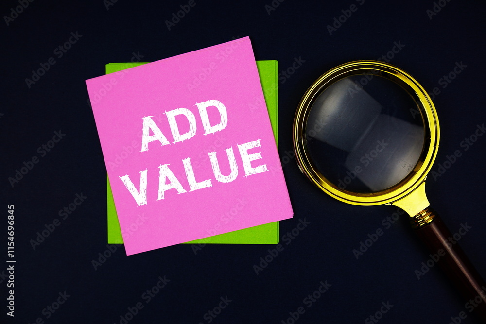 Poster add value text on sticky note with magnifying glass on black background