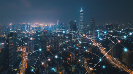 Smart digital Innovation city with connection network reciprocity over the cityscape. of future smart wireless city and social media networking systems that connects business people with in city