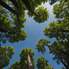 Obraz premium Looking up at the green tops of trees.