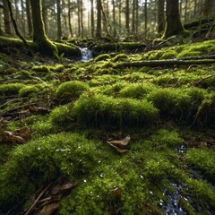 A closeup view of vibrant green moss covering a forest floor, with delicate textures of moss strands and tiny water droplets sparkling in the sunlight. 