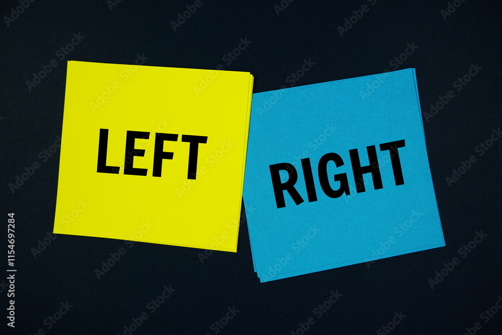 Poster left vs right text message on stick note on black background