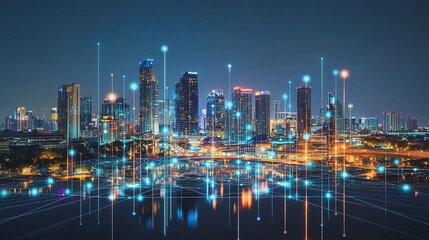 Fototapeta premium Smart digital Innovation city with connection network reciprocity over the cityscape. of future smart wireless city and social media networking systems that connects business people with in city