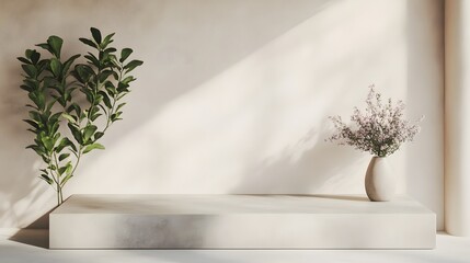 A podium with a minimalist concrete surface, placed against a clean, light-colored background