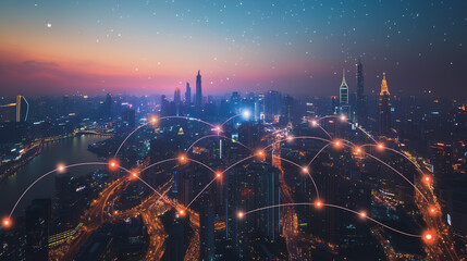 Smart digital Innovation city with connection network reciprocity over the cityscape. of future smart wireless city and social media networking systems that connects business people with in city