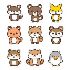 Cute and Playful Animal Characters Collection Featuring Cartoon Bears, Foxes, Squirrels, and Penguins in Bright Colors for Fun Designs and Kids' Art