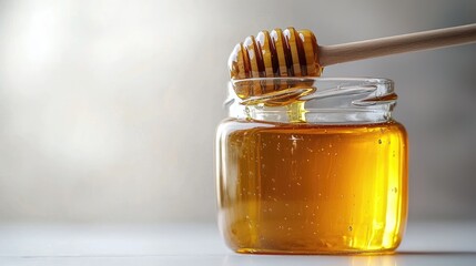 Golden Honey in Glass Jar with Wooden Dipper Against Soft Focus Background Highlighting Natural Sweetness and Texture