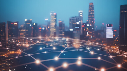 Fototapeta premium Smart digital Innovation city with connection network reciprocity over the cityscape. of future smart wireless city and social media networking systems that connects business people with in city