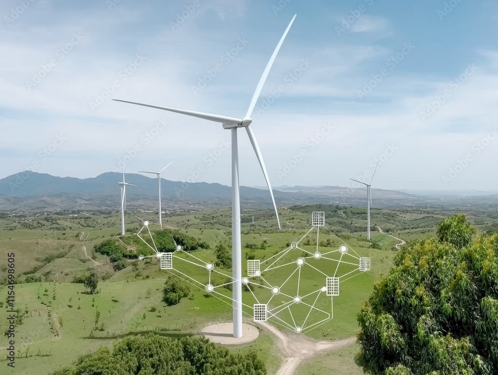 Poster remote sensing imaging infrastructure concept. wind turbines on a green landscape with a network ove