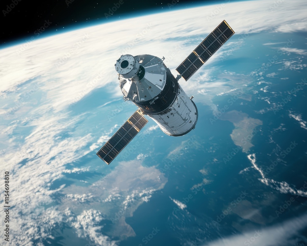 Poster remote sensing imaging infrastructure concept. a spacecraft orbits the earth, showcasing advanced te