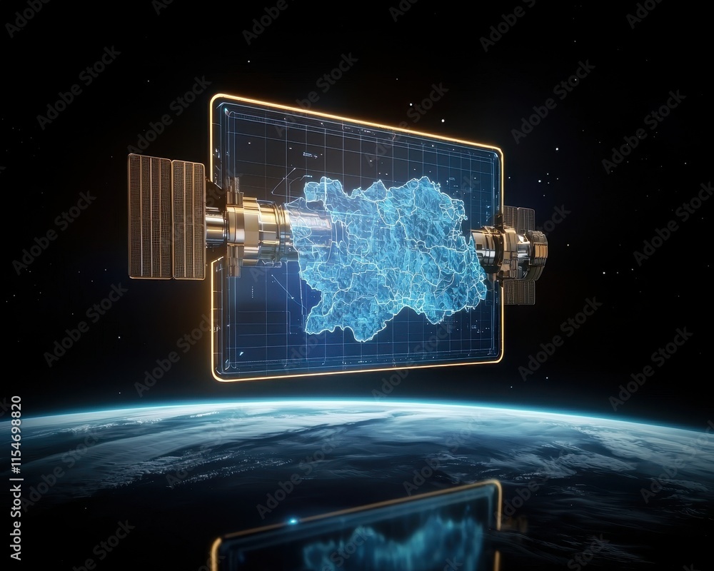 Aufkleber remote sensing imaging infrastructure concept. 3d holographic projection of a digital map above eart