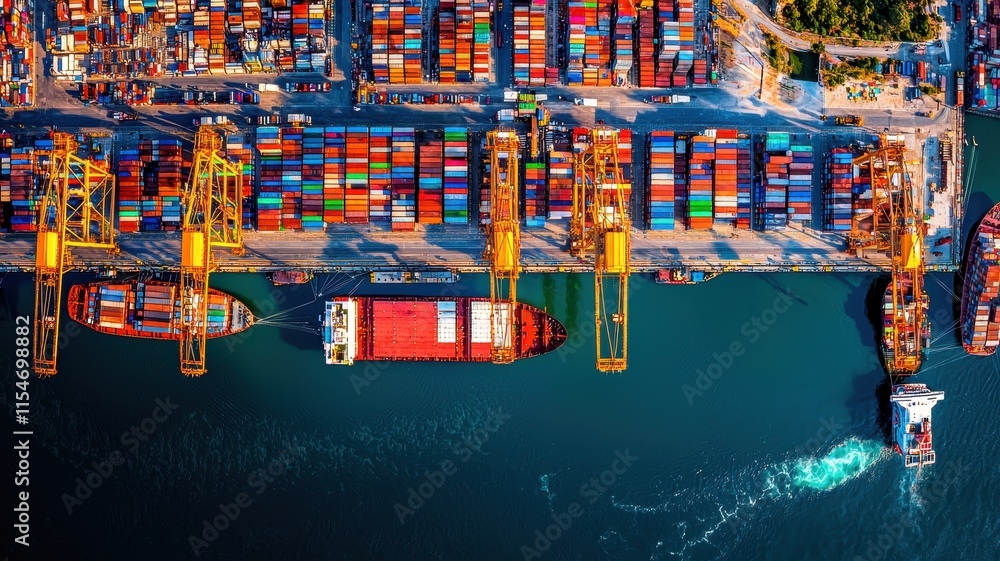 Poster remote sensing imaging infrastructure concept. aerial view of a busy shipping port with containers, 