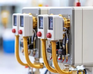 remote sensing imaging infrastructure Concept. Industrial control units with digital displays and plumbing connections in a factory setting.