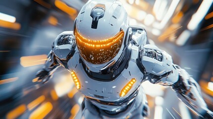 Fototapeta premium Futuristic Robot in Mid-Air Flight