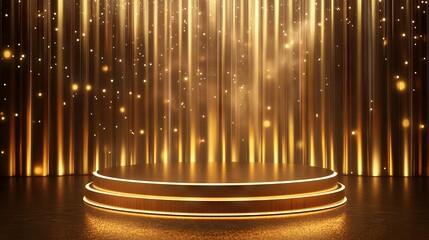 Luxurious gold podium with shiny glow lights on an elegant empty stage background for product showcase or event design
