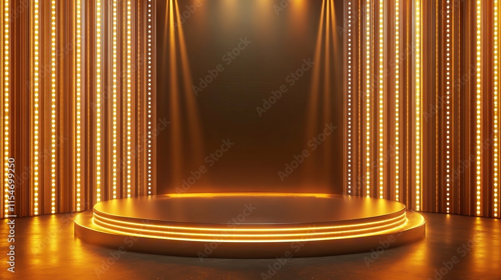 Poster luxurious gold podium with shiny glow lights on an elegant empty stage background for product showca