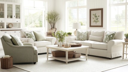 Bright living room with white sofa, armchair, coffee table, and natural light.