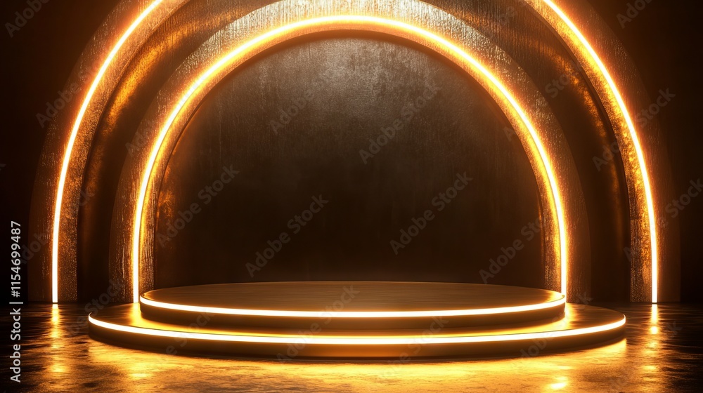 Poster luxurious gold podium with shiny glow lights on an elegant empty stage background for product showca