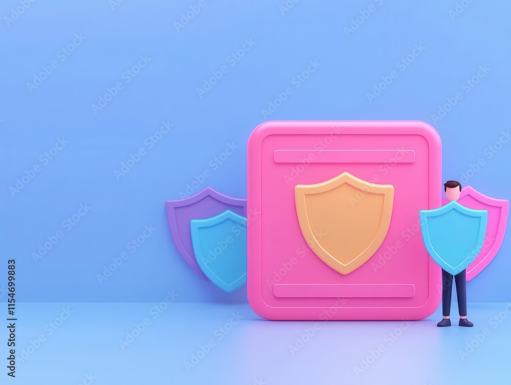 Poster register account and security. interactive secure registration platform, vibrant shield icons and en