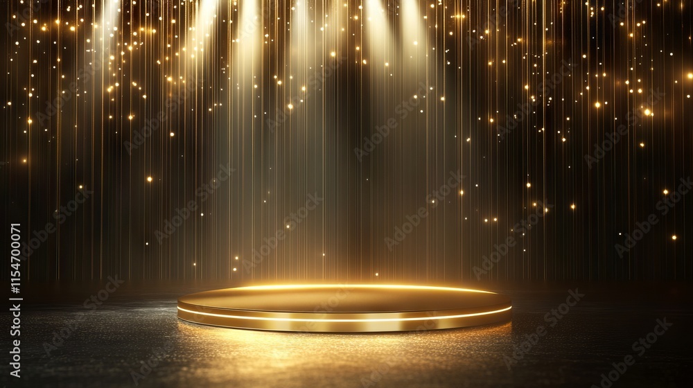 Poster luxurious gold podium with shiny glow lights on an elegant empty stage background for product showca