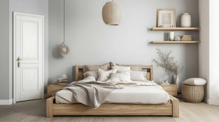 Calm bedroom interior design with wooden bed, neutral tones, and natural decor.