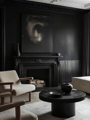 Dark Living Room Decor With Modern Fireplace And Abstract Art