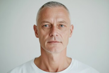 Fototapeta premium Portrait photo of a middle-aged man with light, slightly gray hair, gray eyes, front shot, wrinkles on neck, textured skin. Grey background 