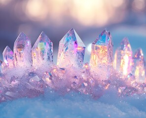 A crystal crown icicle-like and refracting colors set against a blurred snowy background creates a fairy-tale effect