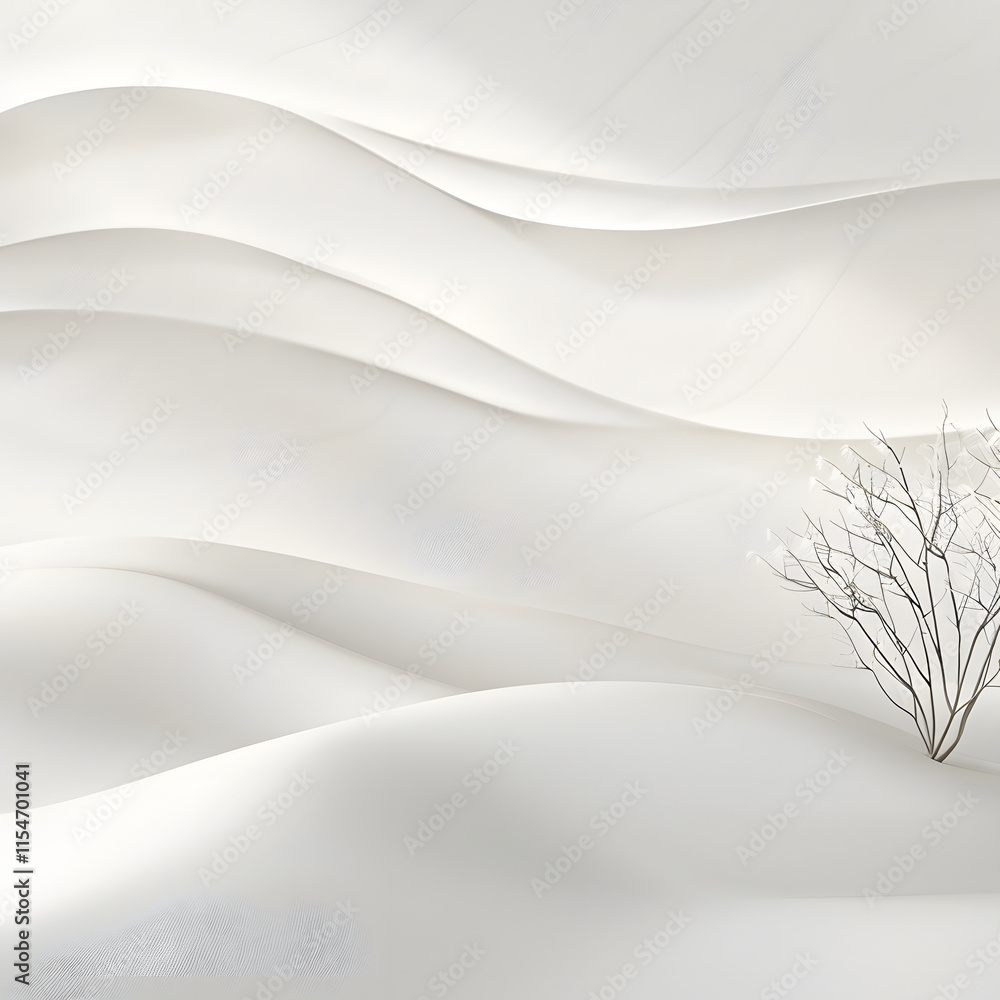 Poster undulating white forms with leafless tree