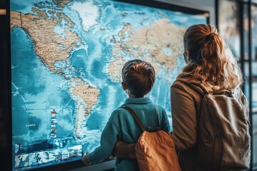 Obraz premium A diverse family standing in front of a large interactive digital map at a travel agency, deciding on their next destination.