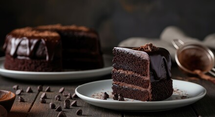 Rich, layered chocolate cake with frosting on plate