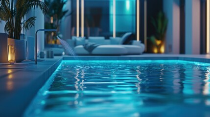 Indoor pool at night, luxury home, blue lighting.