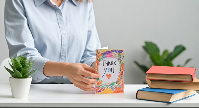 Woman reading colorful thank you card at desk with potted plant and books