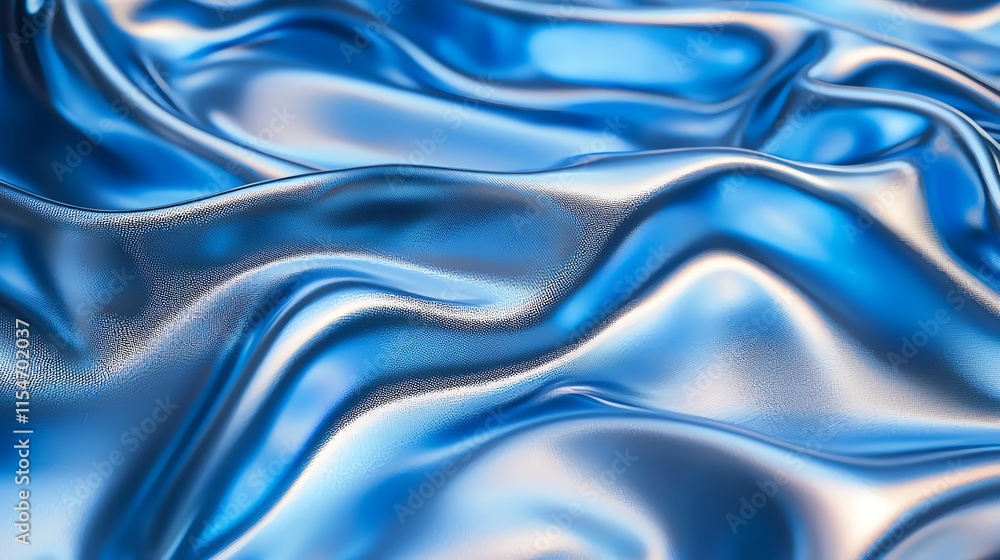 Poster close-up of glossy blue fabric with smooth and wavy texture, creating a luxurious appearance.