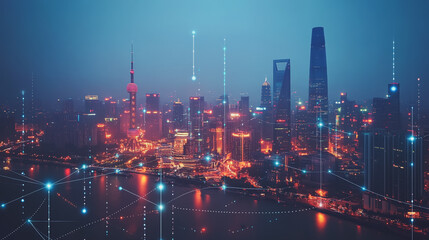 Fototapeta premium Smart digital Innovation city with connection network reciprocity over the cityscape. of future smart wireless city and social media networking systems that connects business people with in city