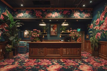 Elegant hotel lobby with floral decor, wooden reception desk, and potted plants.