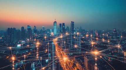Fototapeta premium Smart digital Innovation city with connection network reciprocity over the cityscape. of future smart wireless city and social media networking systems that connects business people with in city