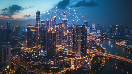 Naklejka premium Smart digital Innovation city with connection network reciprocity over the cityscape. of future smart wireless city and social media networking systems that connects business people with in city