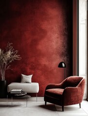 Red Room Interior Design Featuring Velvet Chair and Ottoman