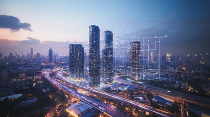 Fototapeta premium Smart digital Innovation city with connection network reciprocity over the cityscape. of future smart wireless city and social media networking systems that connects business people with in city