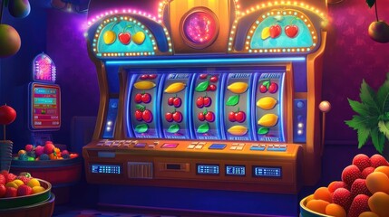 Vibrant Slot Machine with Fruit Symbols in Neon Light