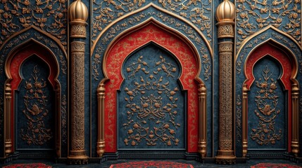 Intricate gold and red arabesque wall design with arched niches.
