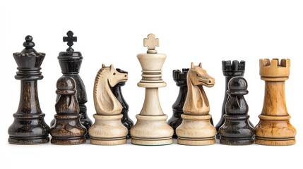 A clean, high-resolution image of vintage chess boards and pieces on a white background.--ar 16:9