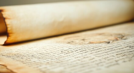 Close-up of aged, rolled parchment with handwritten text