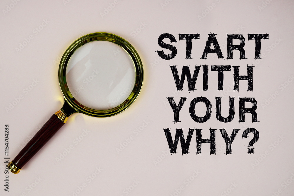 Poster start with your why? text with magnifying glass on pink background